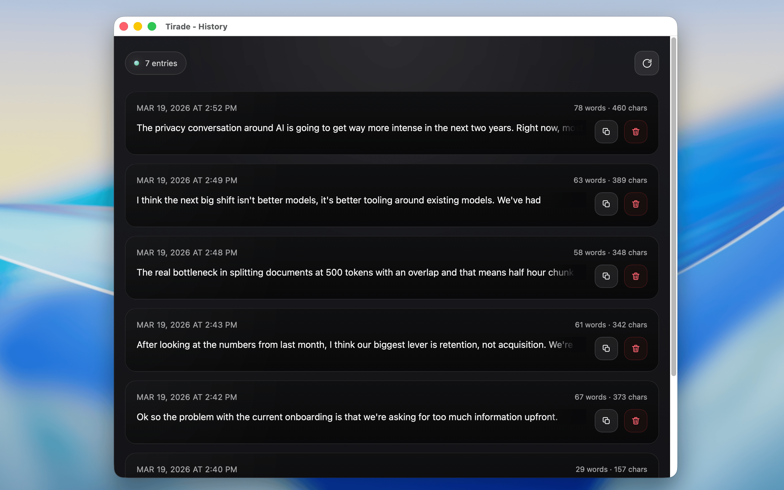 Tirade local transcription running on a Mac.